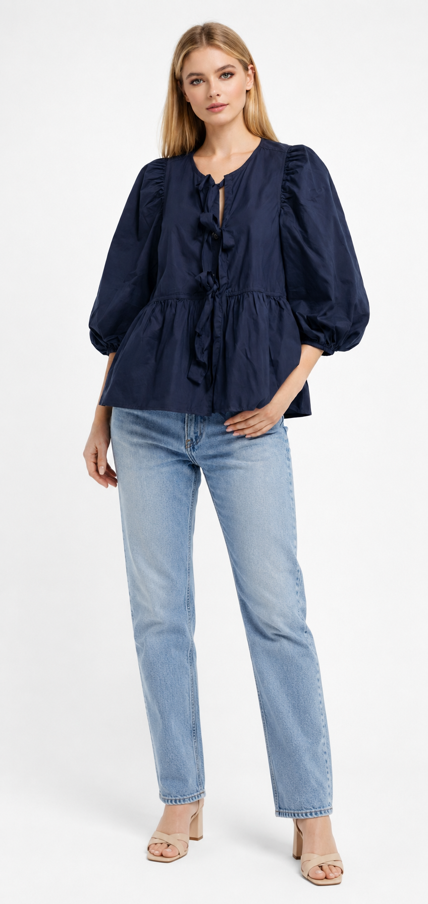 Dark Blue 100% Cotton Tie-Front Peplum Top | Balloon Sleeves | Casual Cotton Blouse
