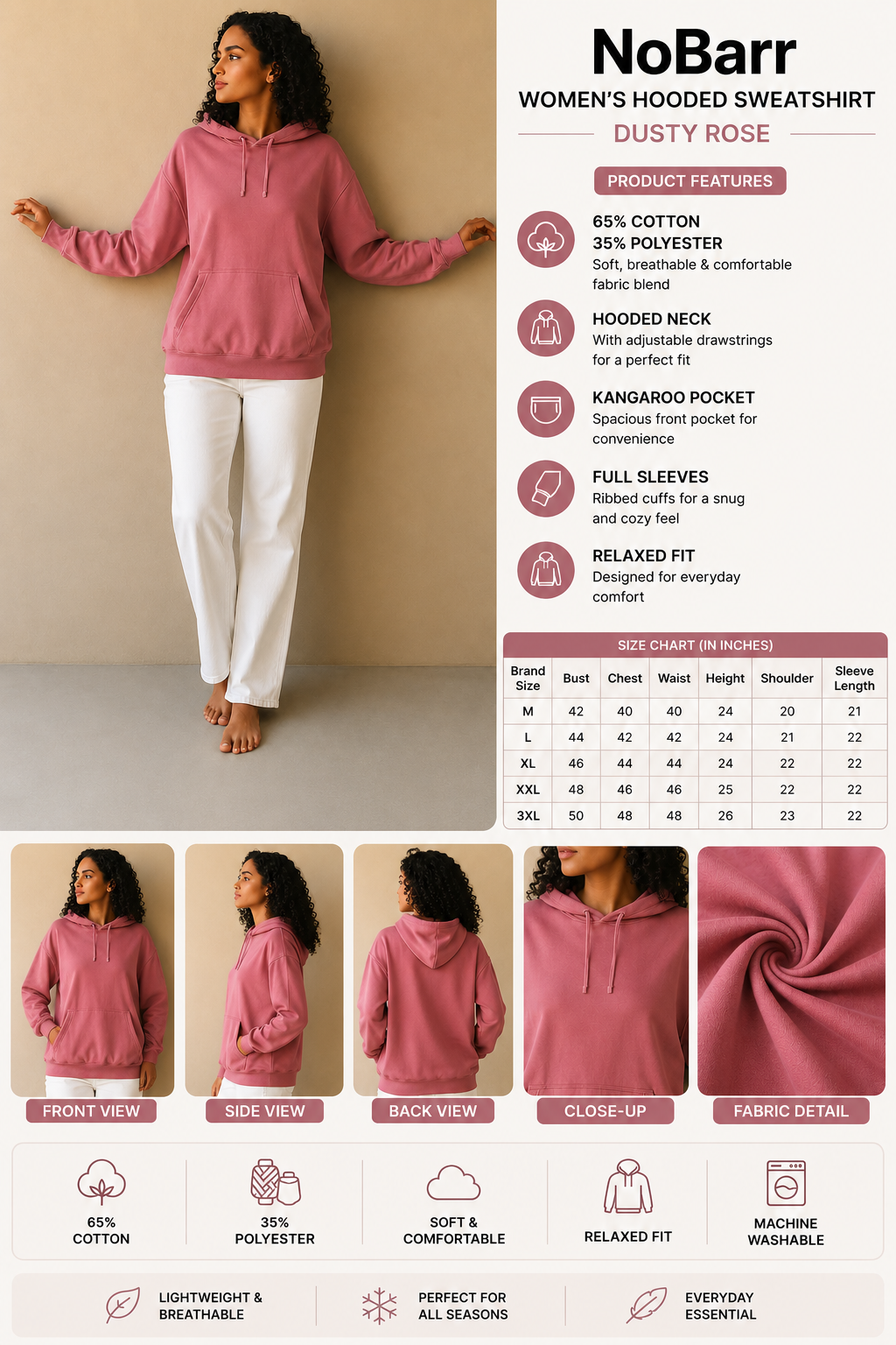 Peach Hooded Sweatshirt | Cotton Blend Hoodie | Long Sleeve | Kangaroo Pocket | Casual Winter Wear