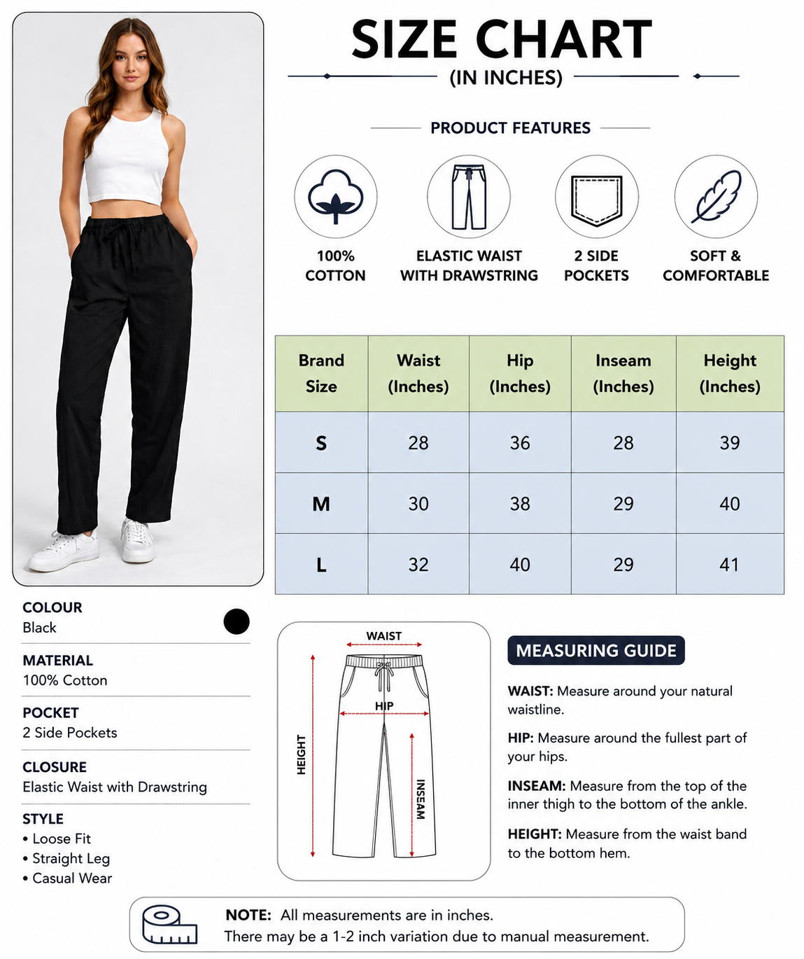 Black 100% Cotton Straight Fit Drawstring Pants | Elastic Waist | 2 Side Pockets | Casual Trousers