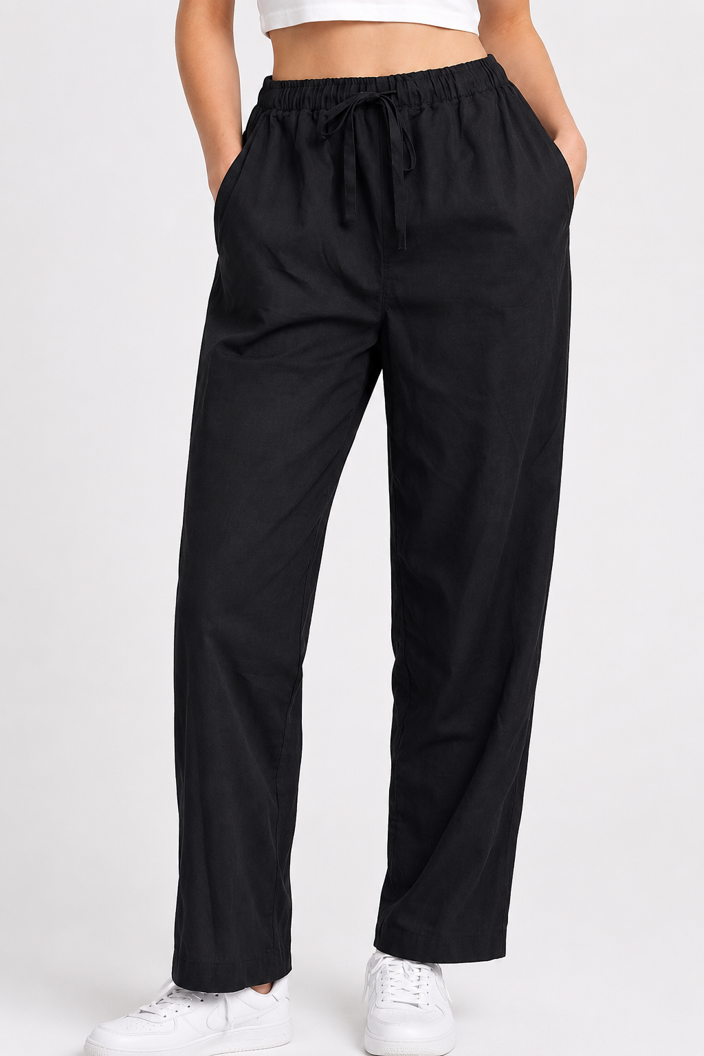 Black 100% Cotton Straight Fit Drawstring Pants | Elastic Waist | 2 Side Pockets | Casual Trousers