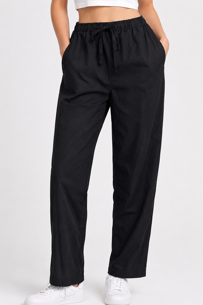 Black 100% Cotton Straight Fit Drawstring Pants | Elastic Waist | 2 Side Pockets | Casual Trousers