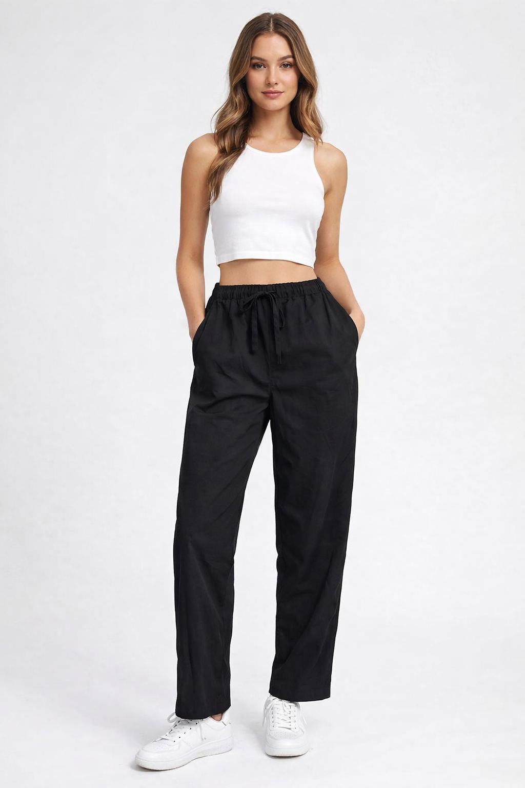 Black 100% Cotton Straight Fit Drawstring Pants | Elastic Waist | 2 Side Pockets | Casual Trousers