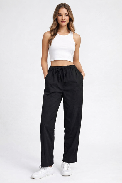 Black 100% Cotton Straight Fit Drawstring Pants | Elastic Waist | 2 Side Pockets | Casual Trousers