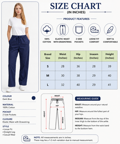 Dark Blue 100% Cotton Straight Fit Drawstring Pants | Elastic Waist | 2 Side Pockets | Casual Trousers