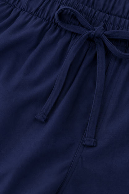 Dark Blue 100% Cotton Straight Fit Drawstring Pants | Elastic Waist | 2 Side Pockets | Casual Trousers