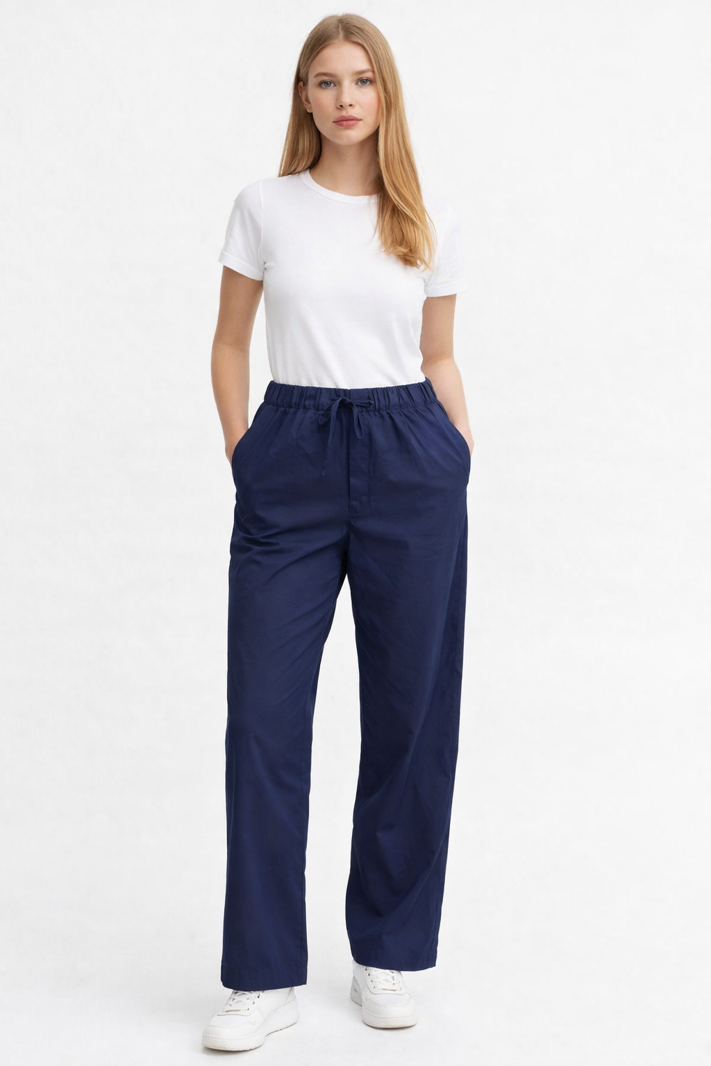 Dark Blue 100% Cotton Straight Fit Drawstring Pants | Elastic Waist | 2 Side Pockets | Casual Trousers