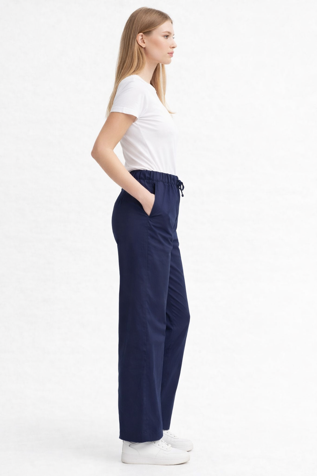 Dark Blue 100% Cotton Straight Fit Drawstring Pants | Elastic Waist | 2 Side Pockets | Casual Trousers
