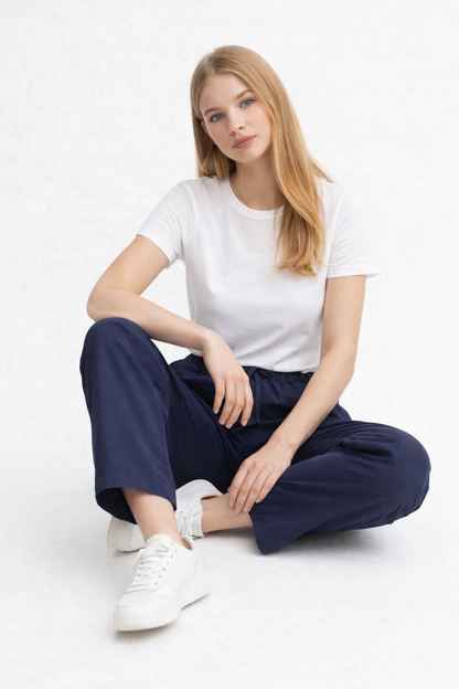 Dark Blue 100% Cotton Straight Fit Drawstring Pants | Elastic Waist | 2 Side Pockets | Casual Trousers