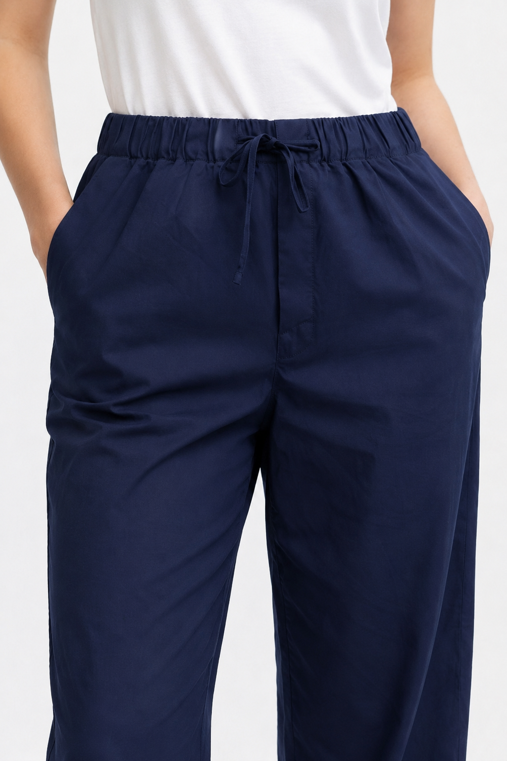 Dark Blue 100% Cotton Straight Fit Drawstring Pants | Elastic Waist | 2 Side Pockets | Casual Trousers