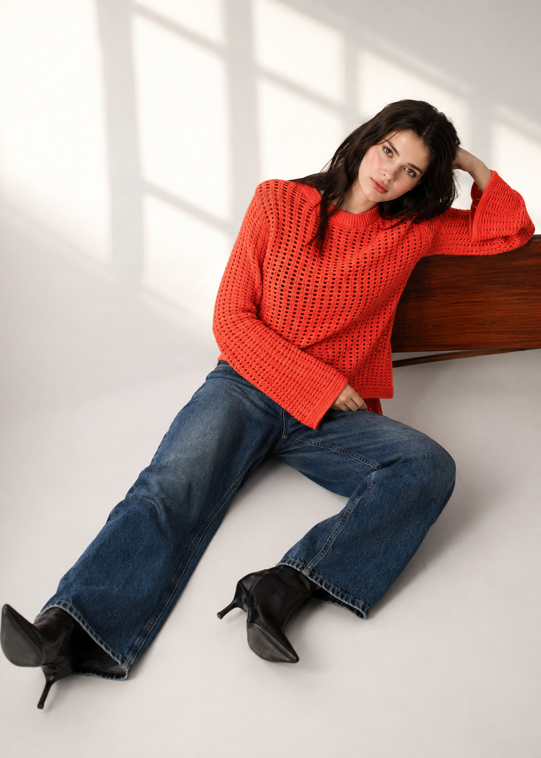 100% Cotton Open Knit Sweater | Round Neck | Full Sleeve | Loose Fit Casual Pullover- Orange
