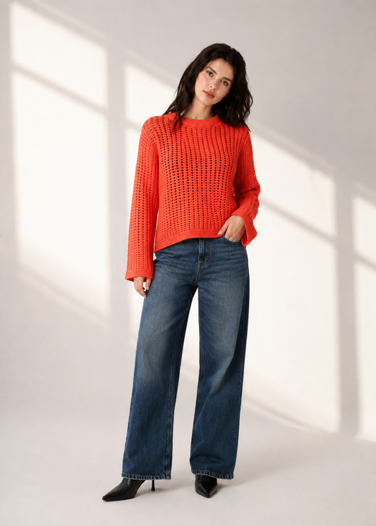 100% Cotton Open Knit Sweater | Round Neck | Full Sleeve | Loose Fit Casual Pullover- Orange