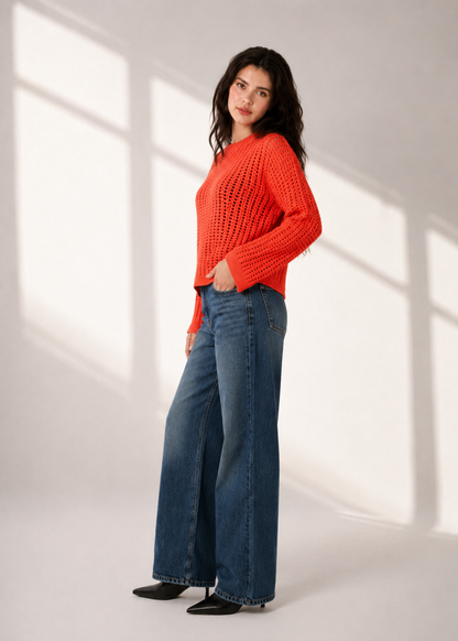 100% Cotton Open Knit Sweater | Round Neck | Full Sleeve | Loose Fit Casual Pullover- Orange