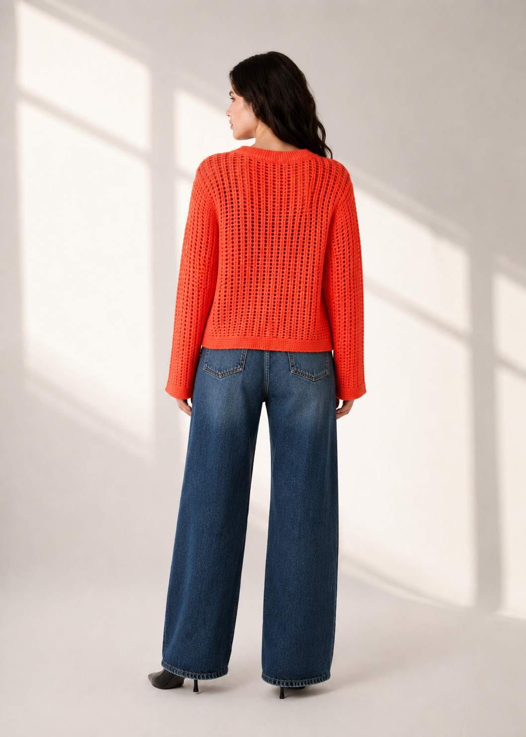 100% Cotton Open Knit Sweater | Round Neck | Full Sleeve | Loose Fit Casual Pullover- Orange