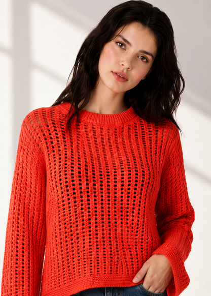 100% Cotton Open Knit Sweater | Round Neck | Full Sleeve | Loose Fit Casual Pullover- Orange