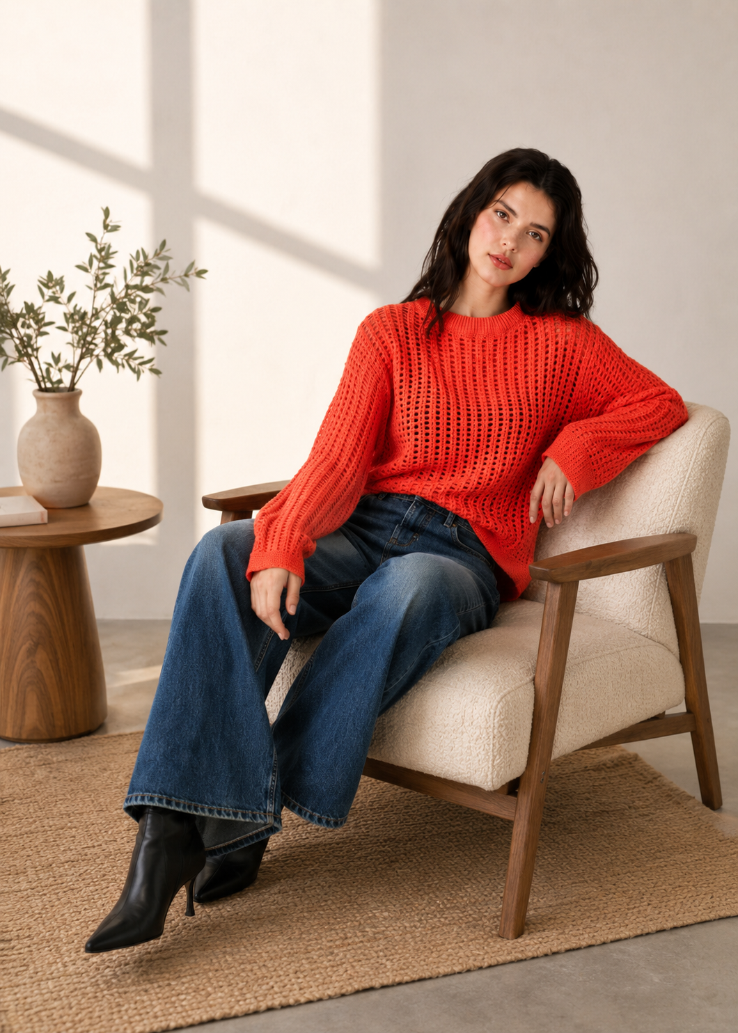 100% Cotton Open Knit Sweater | Round Neck | Full Sleeve | Loose Fit Casual Pullover- Orange