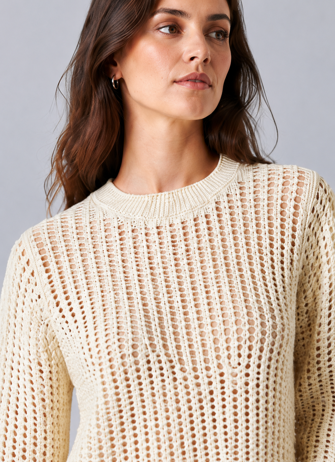 100% Cotton Open Knit Sweater | Round Neck | Full Sleeve | Loose Fit Casual Pullover-off white