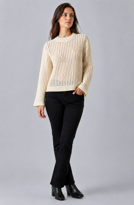 100% Cotton Open Knit Sweater | Round Neck | Full Sleeve | Loose Fit Casual Pullover-off white