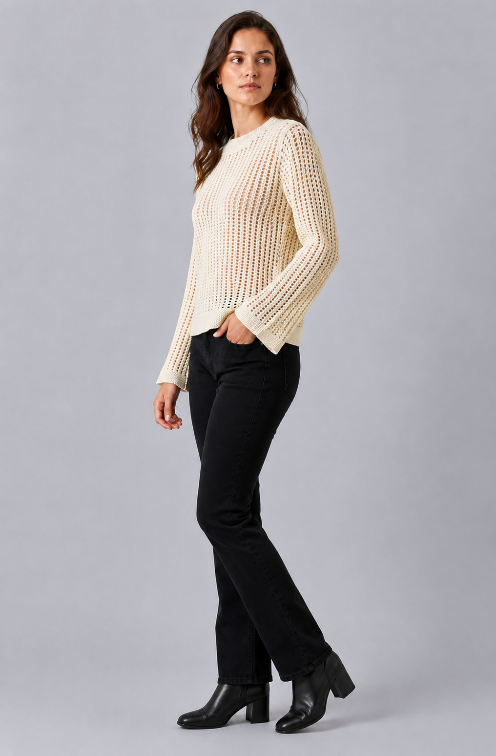 100% Cotton Open Knit Sweater | Round Neck | Full Sleeve | Loose Fit Casual Pullover-off white
