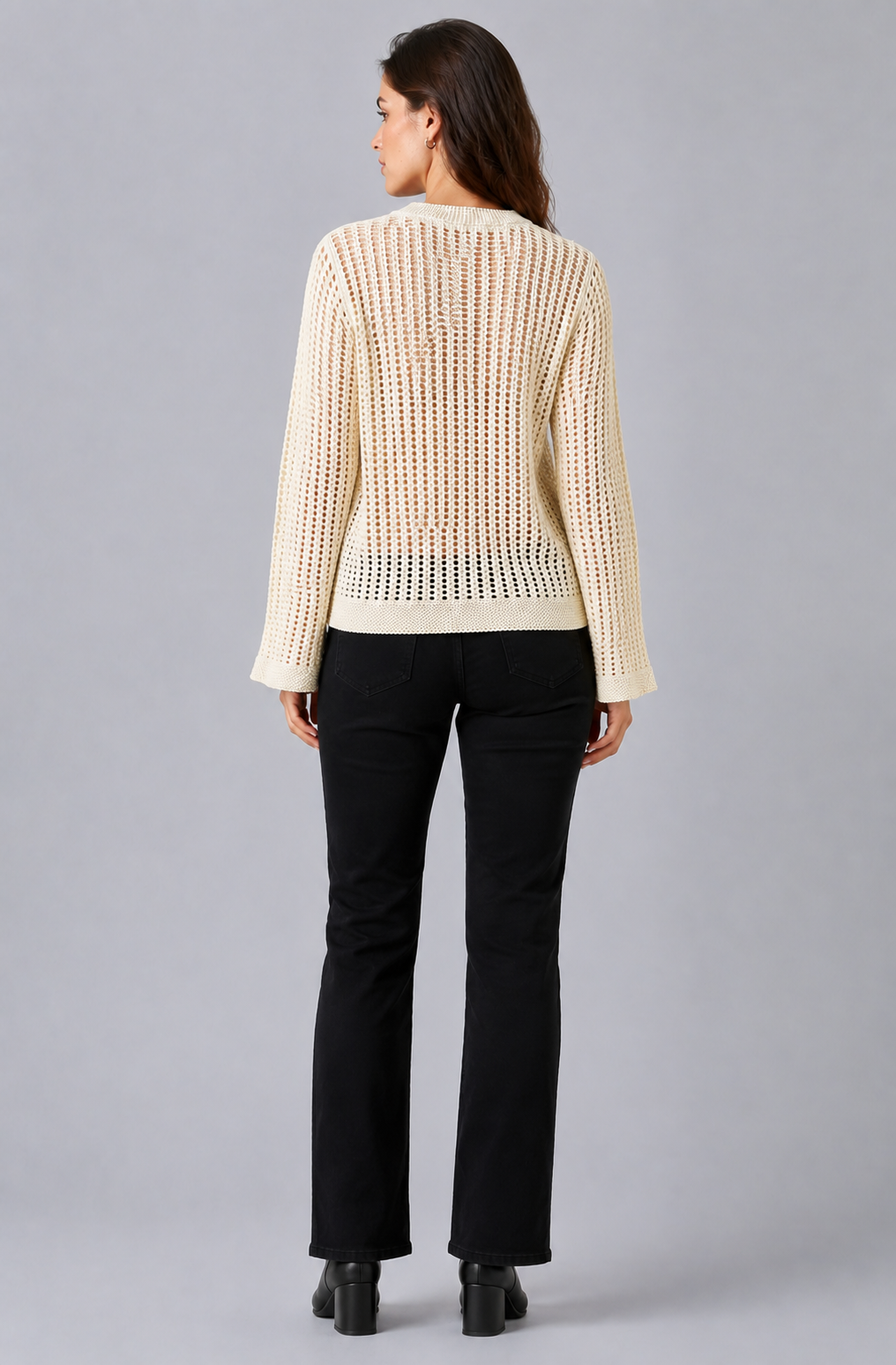 100% Cotton Open Knit Sweater | Round Neck | Full Sleeve | Loose Fit Casual Pullover-off white