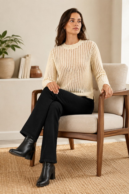 100% Cotton Open Knit Sweater | Round Neck | Full Sleeve | Loose Fit Casual Pullover-off white