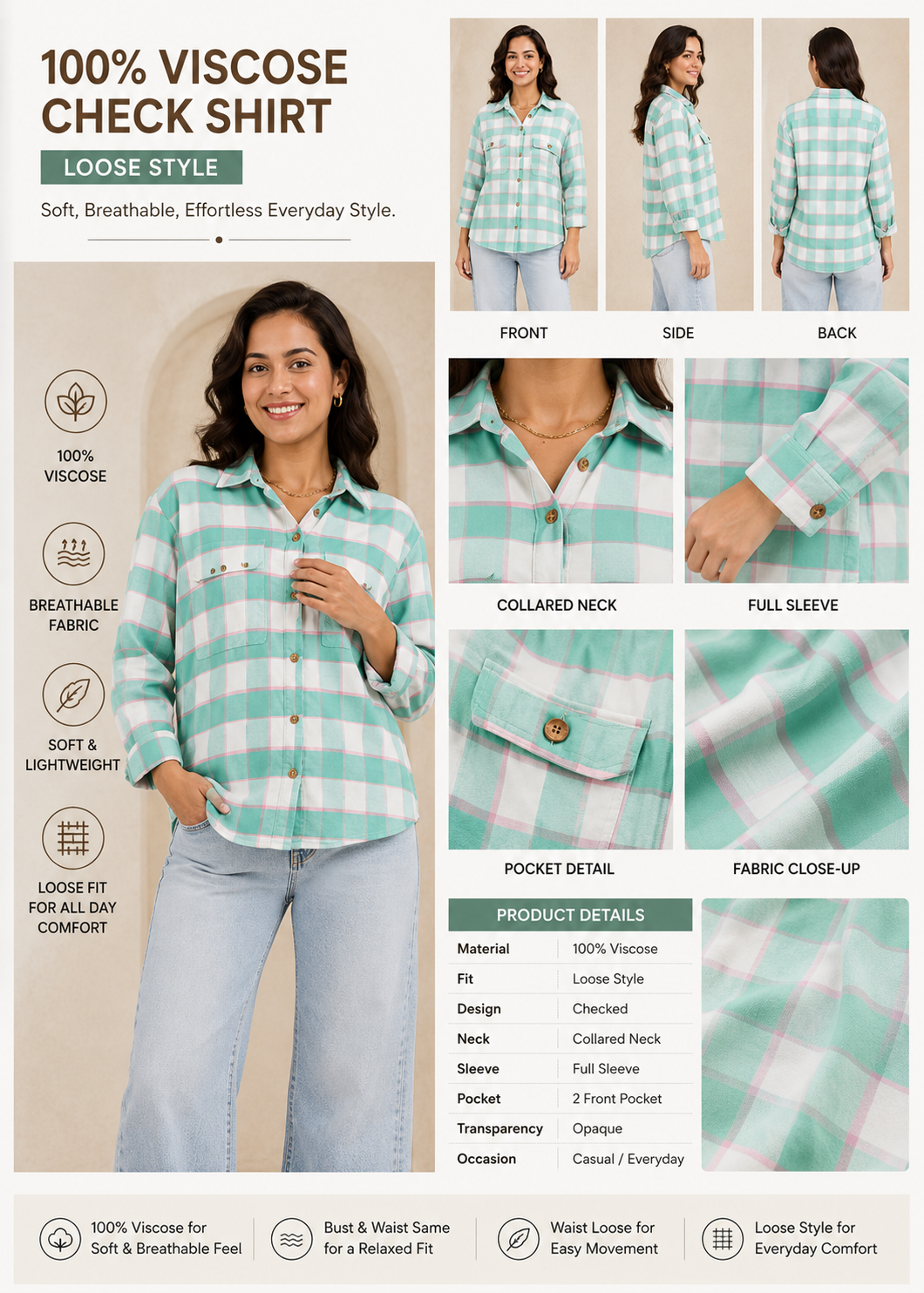 100% Viscose Checked Shirt | Loose Fit Casual Button-Down Shirt | Full Sleeve Collared Check Shirt | Soft Lightweight Everyday Wear Top with 4 Pockets