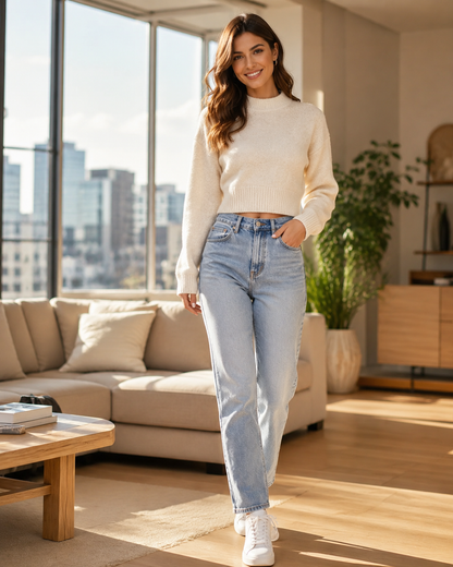 Off White Knit Sweater | Soft Wool Blend Round Neck Full Sleeve Pullover | Drop Shoulder Loose Fit Winter Casual Top