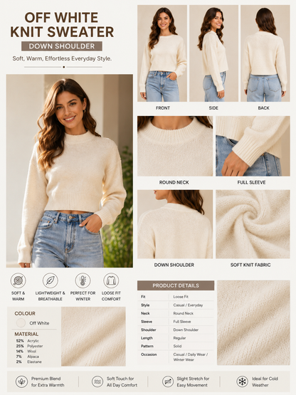 Off White Knit Sweater | Soft Wool Blend Round Neck Full Sleeve Pullover | Drop Shoulder Loose Fit Winter Casual Top