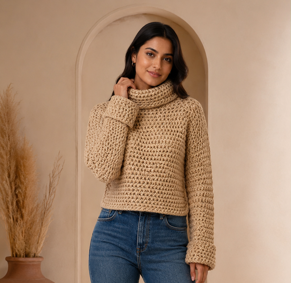 Brown Metallic Knit Sweater | High Neck Full Sleeve Pullover | Soft Wool Blend Winter Top | Regular Fit Casual Sweater