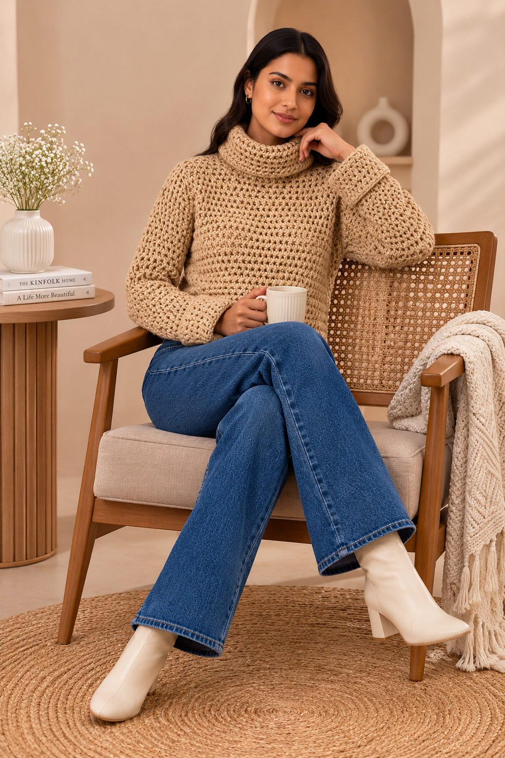 Brown Metallic Knit Sweater | High Neck Full Sleeve Pullover | Soft Wool Blend Winter Top | Regular Fit Casual Sweater