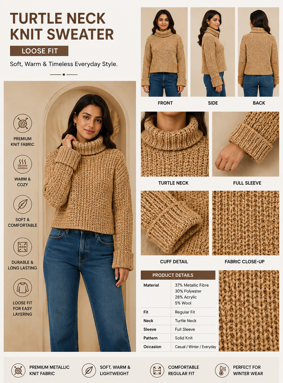 Brown Metallic Knit Sweater | High Neck Full Sleeve Pullover | Soft Wool Blend Winter Top | Regular Fit Casual Sweater