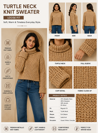 Brown Metallic Knit Sweater | High Neck Full Sleeve Pullover | Soft Wool Blend Winter Top | Regular Fit Casual Sweater