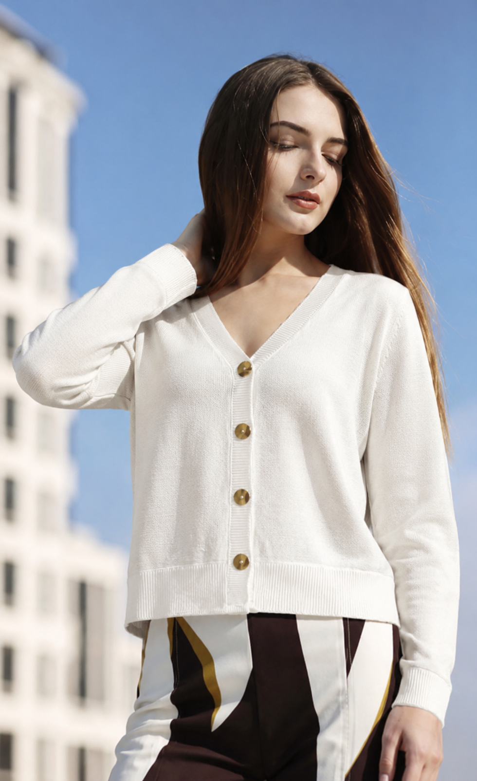 White V-Neck Button Front Knit Cardigan Sweater | Full Sleeve | Loose Fit | Soft Winter Wear | Casual Everyday Outerwear