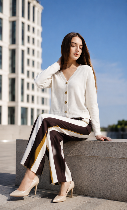 White V-Neck Button Front Knit Cardigan Sweater | Full Sleeve | Loose Fit | Soft Winter Wear | Casual Everyday Outerwear