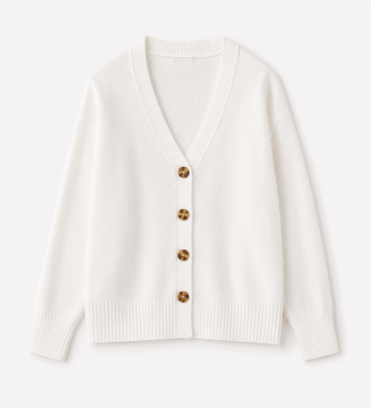 White V-Neck Button Front Knit Cardigan Sweater | Full Sleeve | Loose Fit | Soft Winter Wear | Casual Everyday Outerwear