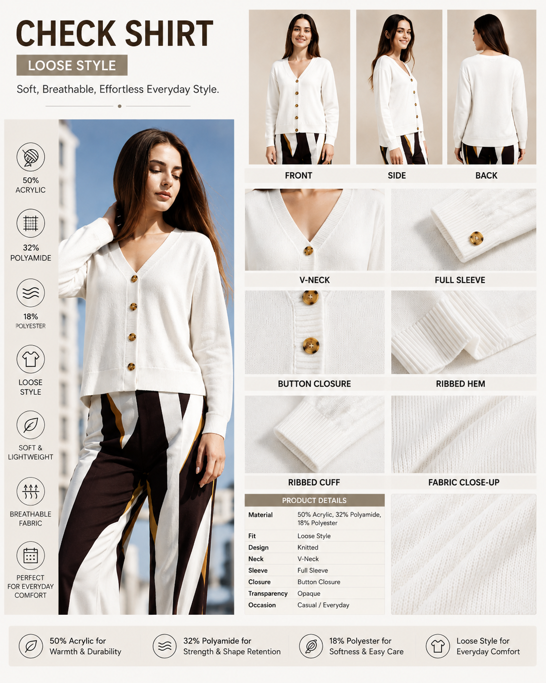 White V-Neck Button Front Knit Cardigan Sweater | Full Sleeve | Loose Fit | Soft Winter Wear | Casual Everyday Outerwear