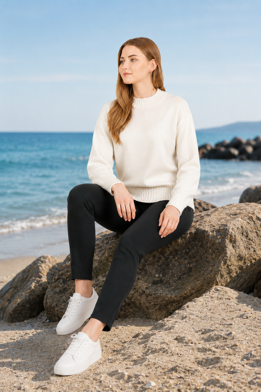 Off White Mock Neck Knit Sweater | Loose Fit Drop Shoulder Pullover | Full Sleeve Winter Casual Top | Soft Acrylic Blend