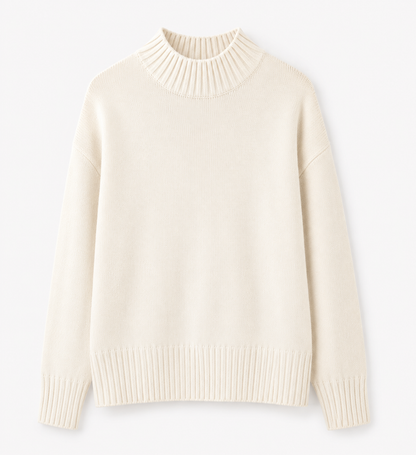Off White Mock Neck Knit Sweater | Loose Fit Drop Shoulder Pullover | Full Sleeve Winter Casual Top | Soft Acrylic Blend