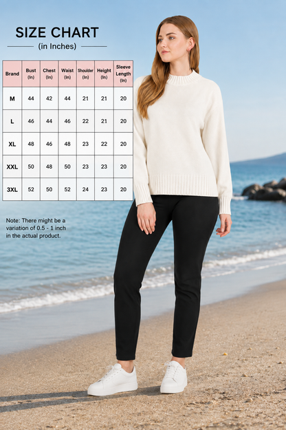 Off White Mock Neck Knit Sweater | Loose Fit Drop Shoulder Pullover | Full Sleeve Winter Casual Top | Soft Acrylic Blend