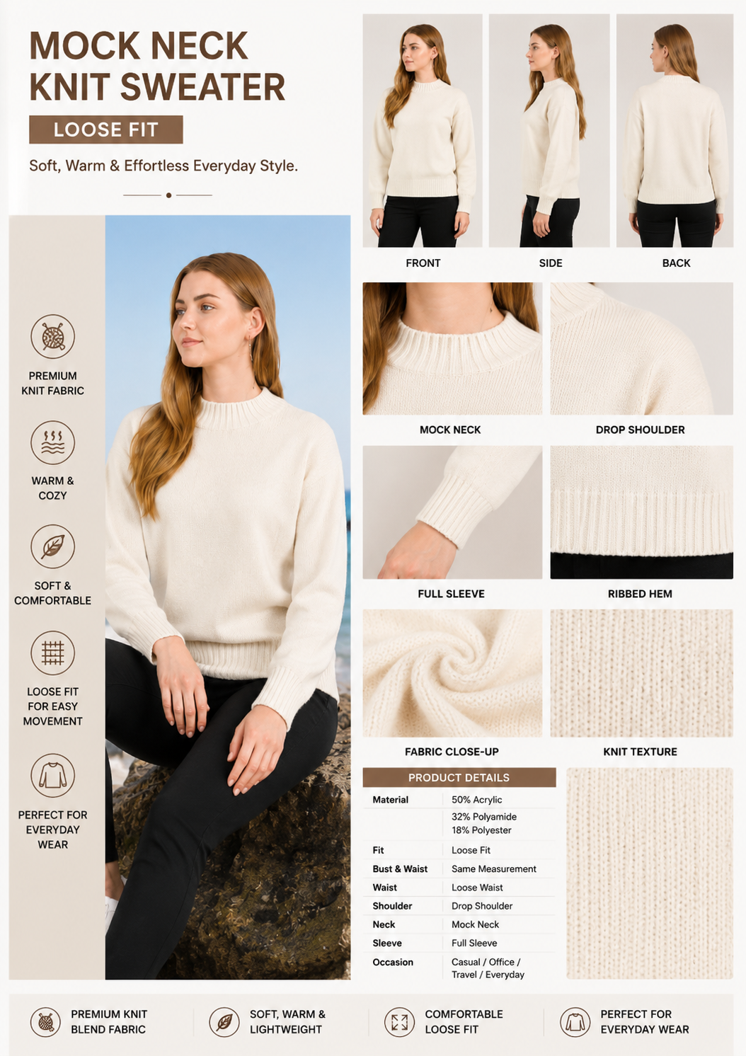 Off White Mock Neck Knit Sweater | Loose Fit Drop Shoulder Pullover | Full Sleeve Winter Casual Top | Soft Acrylic Blend