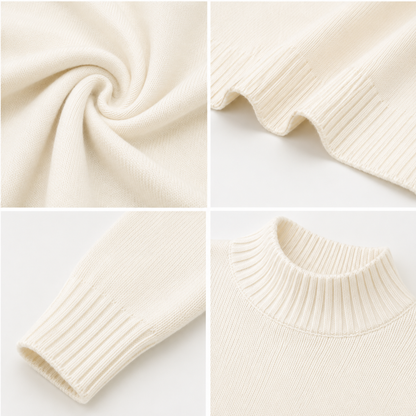 Off White Mock Neck Knit Sweater | Loose Fit Drop Shoulder Pullover | Full Sleeve Winter Casual Top | Soft Acrylic Blend