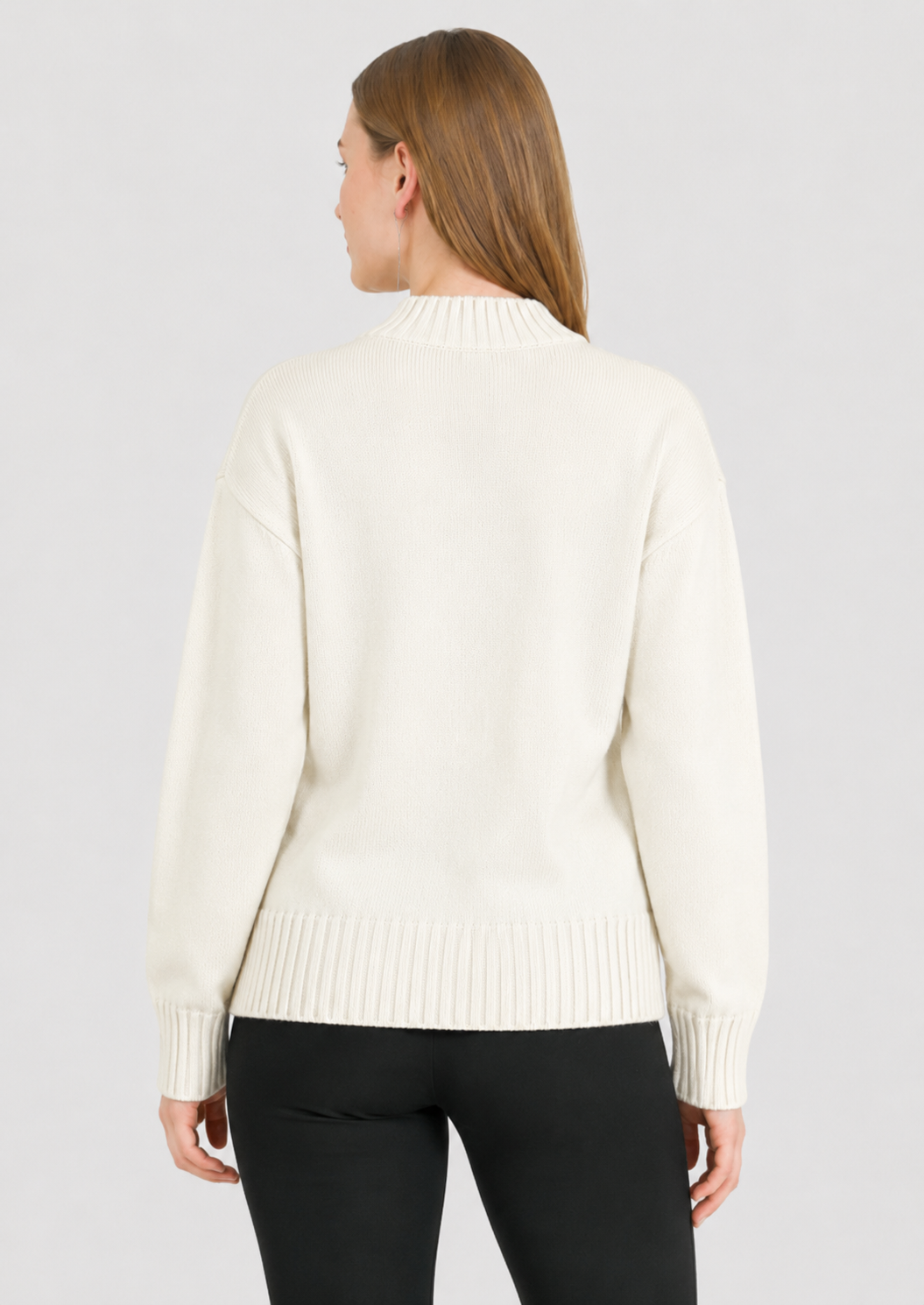 Off White Mock Neck Knit Sweater | Loose Fit Drop Shoulder Pullover | Full Sleeve Winter Casual Top | Soft Acrylic Blend