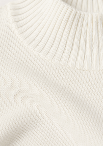 Off White Mock Neck Knit Sweater | Loose Fit Drop Shoulder Pullover | Full Sleeve Winter Casual Top | Soft Acrylic Blend