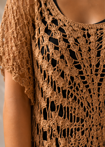 Crochet Cover Up Dress | Lightweight Sheer Beachwear | Round Neck Short Sleeve Resort Wear Brown