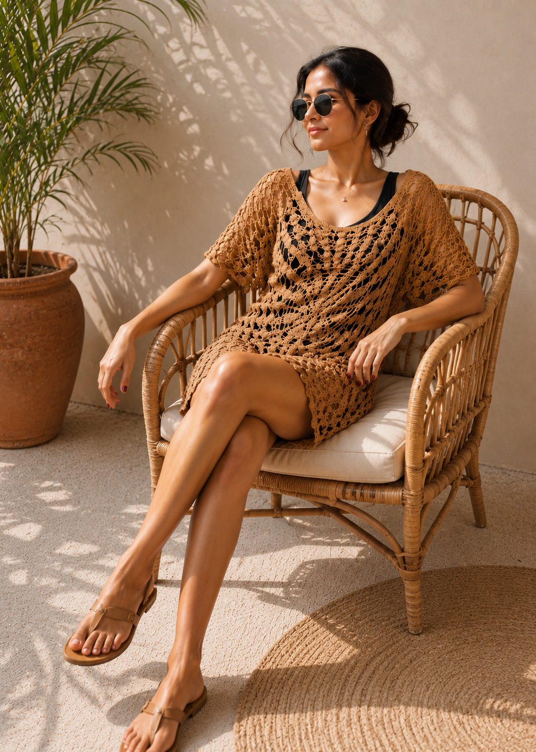 Crochet Cover Up Dress | Lightweight Sheer Beachwear | Round Neck Short Sleeve Resort Wear Brown