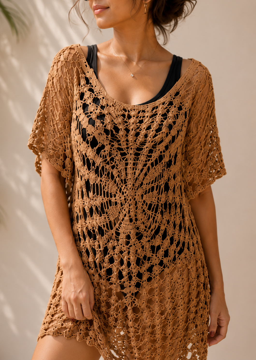 Crochet Cover Up Dress | Lightweight Sheer Beachwear | Round Neck Short Sleeve Resort Wear Brown