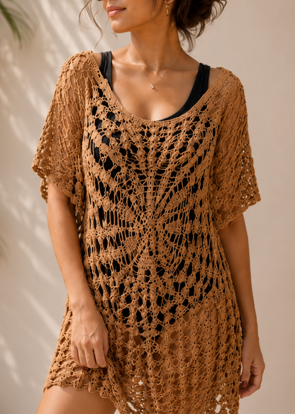 Crochet Cover Up Dress | Lightweight Sheer Beachwear | Round Neck Short Sleeve Resort Wear Brown