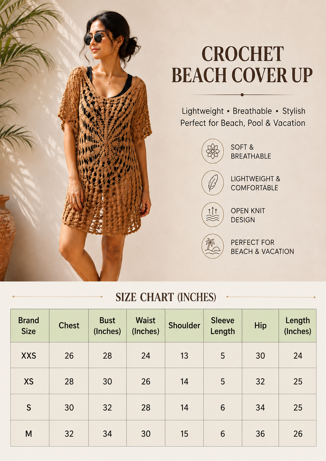 Crochet Cover Up Dress | Lightweight Sheer Beachwear | Round Neck Short Sleeve Resort Wear Brown