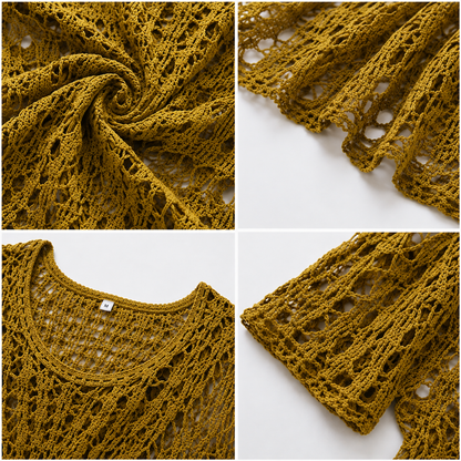 Crochet Cover Up Dress | Lightweight Sheer Beachwear | Round Neck Short Sleeve Resort Wear Yellow