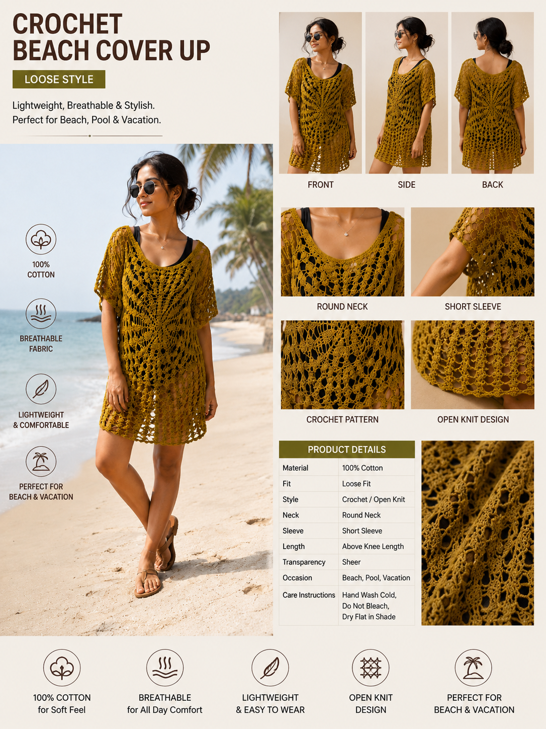 Crochet Cover Up Dress | Lightweight Sheer Beachwear | Round Neck Short Sleeve Resort Wear Yellow