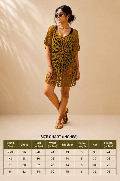 Crochet Cover Up Dress | Lightweight Sheer Beachwear | Round Neck Short Sleeve Resort Wear Yellow